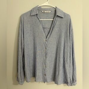 Zara Blouse M Button Up Linen Blend Blue Striped V-neck Boho Beach Coastal